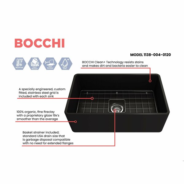 Bocchi Classico Farmhouse Apron Front Fireclay 30 in. Single Bowl Kitchen Sink in Matte Black 1138-004-0120